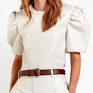 Cream Vegan Leather Ruffled Fitted Short Sleeve